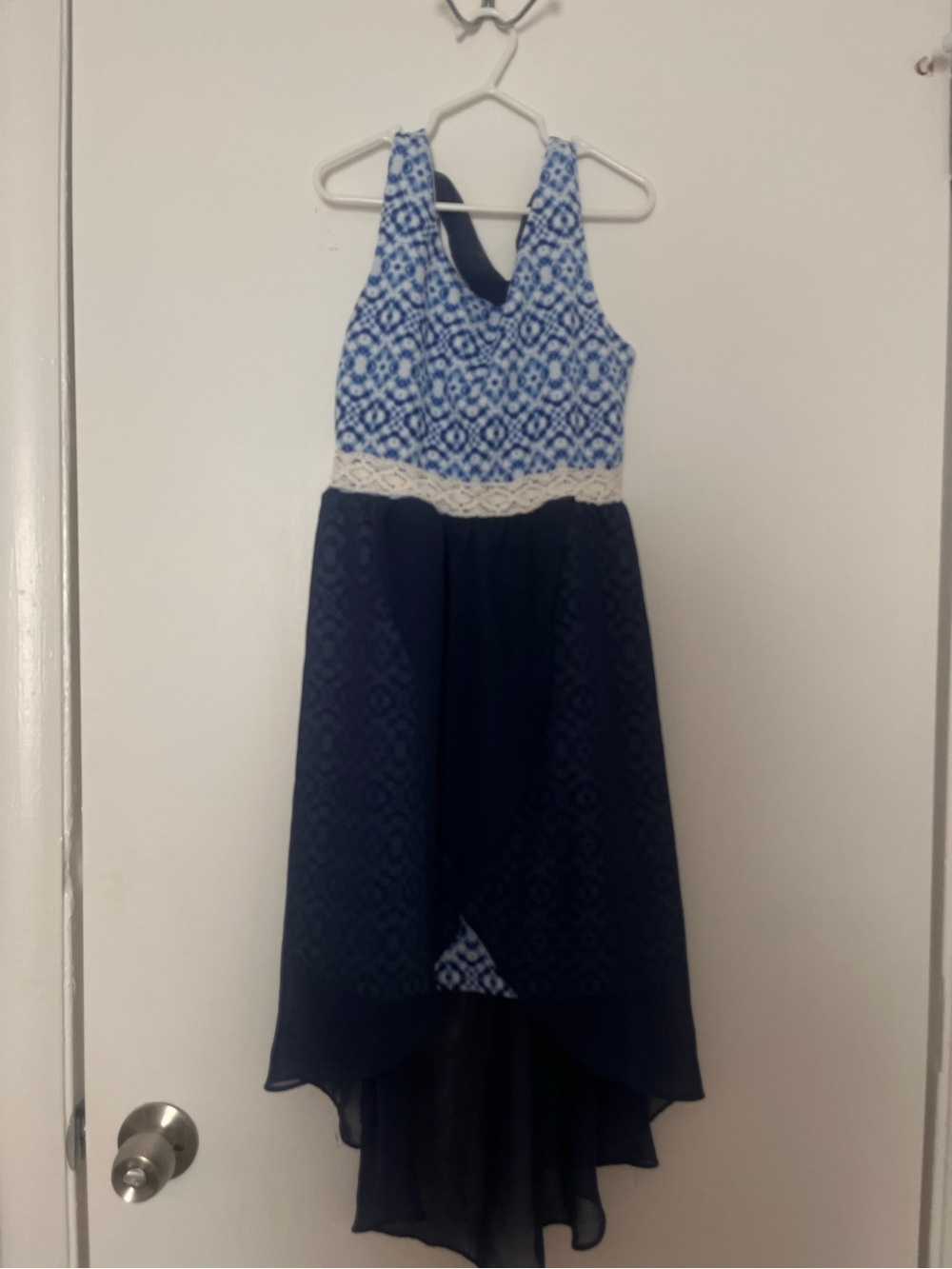 emily west Blue Patterned High-Low Dress with Cream Lace Waist